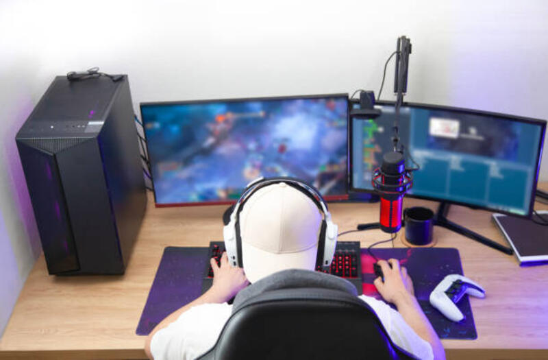 gamer muda merekam gameplay dan live streaming menggunakan mikrofon dan headset - live streaming gaming potret stok, foto, & gambar bebas royalti