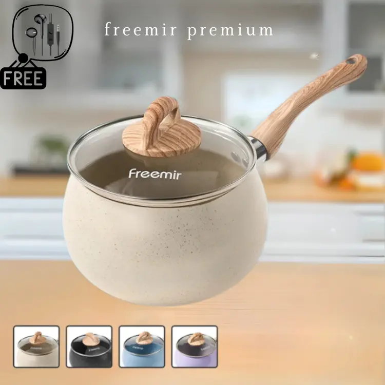 [PREMIUM] freemir Panci Susu Gemoy Bulat 16CM Tutup Kaca Anti Lengket Double Bottom Anti Tumpah