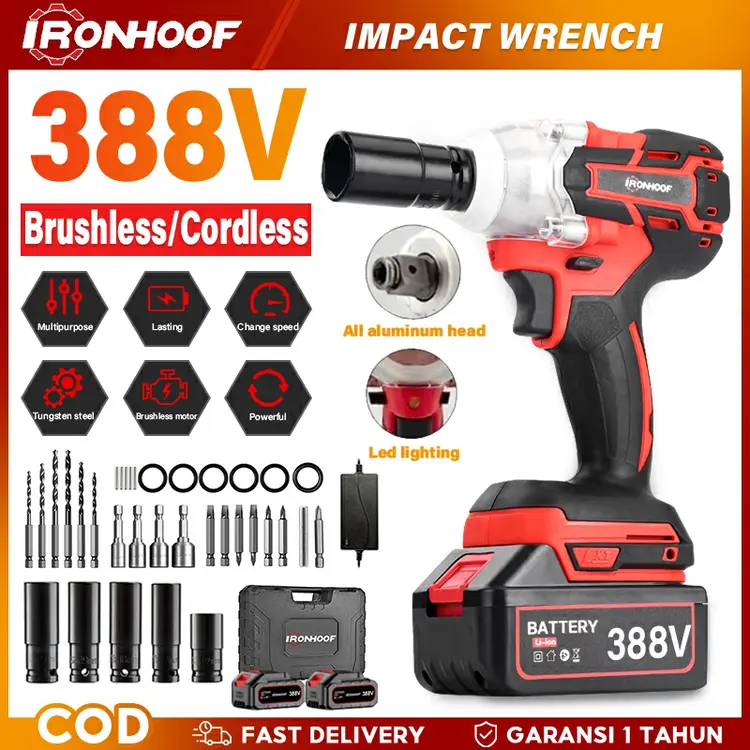 IRONHOOF Cordless Impact Wrench Brushless 420N.M Impact Baterai Wrench Mobil Mesin Bor Untuk Baut