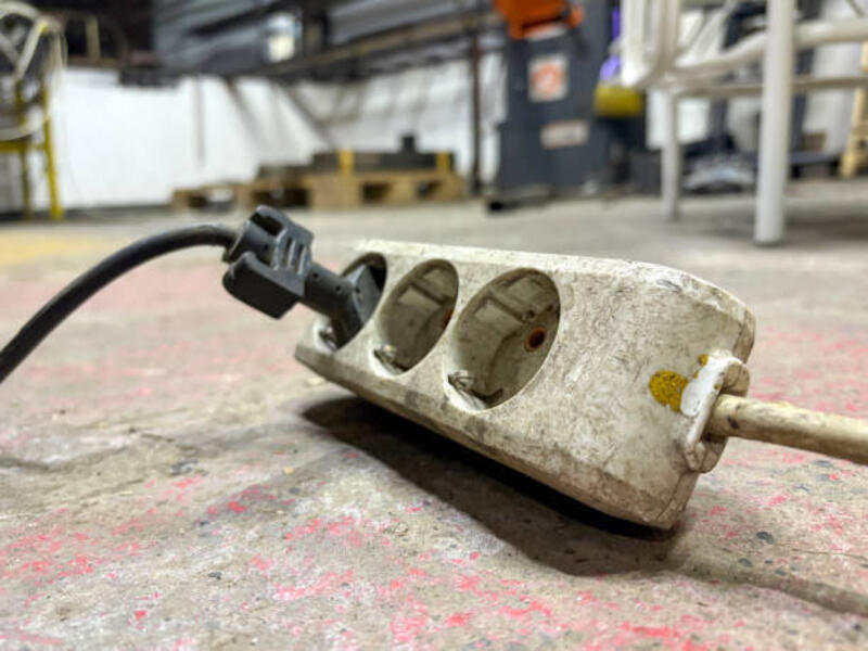 Electrical outlet and electric plug in workshop Close-up old extension cord electrical outlet and electric plug on the floor in workshop or factory workshop eletrical power outlet stock pictures, royalty-free photos &amp; images