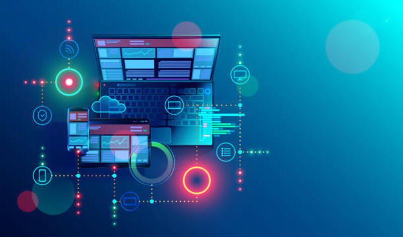 membuat situs web internet responsif untuk beberapa platform. membangun antarmuka seluler di layar laptop, tablet, smartphone. konten tata letak pada perangkat tampilan. spanduk konseptual teknologi web. - wireless laptop ilustrasi stok