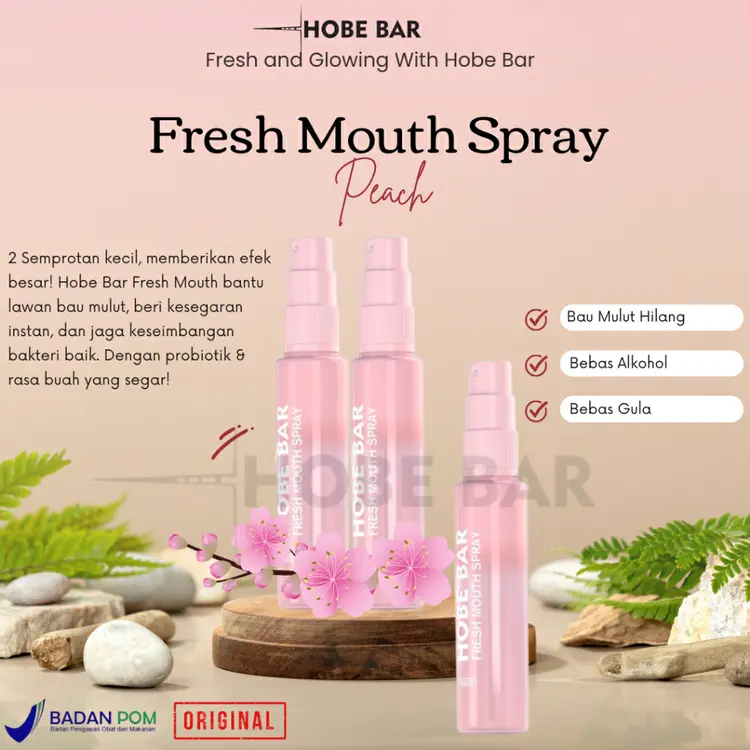 Hobe Bar Fresh Mouth Spray (Peach) | Mulut Segar Instan | Probiotik, Menthol, Rasa Buah, Bebas Gula
