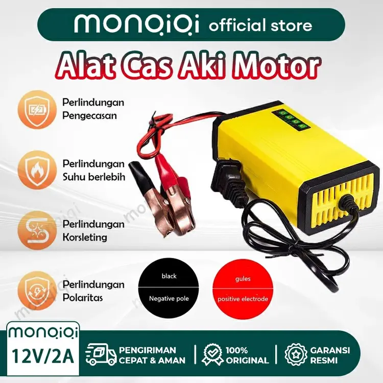 Monqiqi Alat Cas Aki Motor & Mobil Alat Pengisian Daya Aki Motor Intelegent Charger 12V 2Ampere 12V 2A Adaptor Pengisi Daya Baterai Sepeda Motor Otomatis untuk Baterai