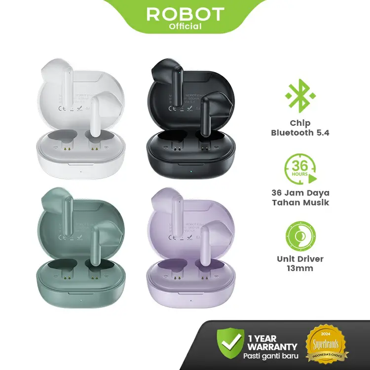 ROBOT TWS True Wireless Powerfull Bass Semi In-Ear Mini Earbuds Bluetooth 5.4 Sports Earphones Headphones in Mic Enco Buds 1 Original - Garansi 1 Tahun