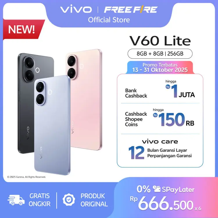 [NEW LAUNCH] vivo V60 Lite 4G (8/256) 50MP Sony Camera, 6500 mAh + 90W FlashCharge, Bypass Charging, AI Four-Seasons, SGS 5-Star Drop Resistance