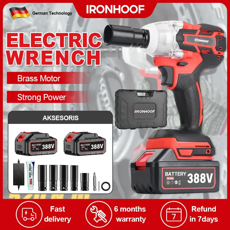 IRONHOOF Impact Wrench 388V Impact Baterai 288V Brushless 420N.M Electric Impact Wrench Spanner Sets