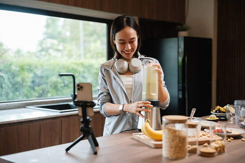 influencer ceria merekam dirinya sendiri di dapur yang nyaman, membuat smoothie sehat sambil berbagi resep yang mudah diikuti dengan pengikutnya - juicer portable potret stok, foto, &amp; gambar bebas royalti