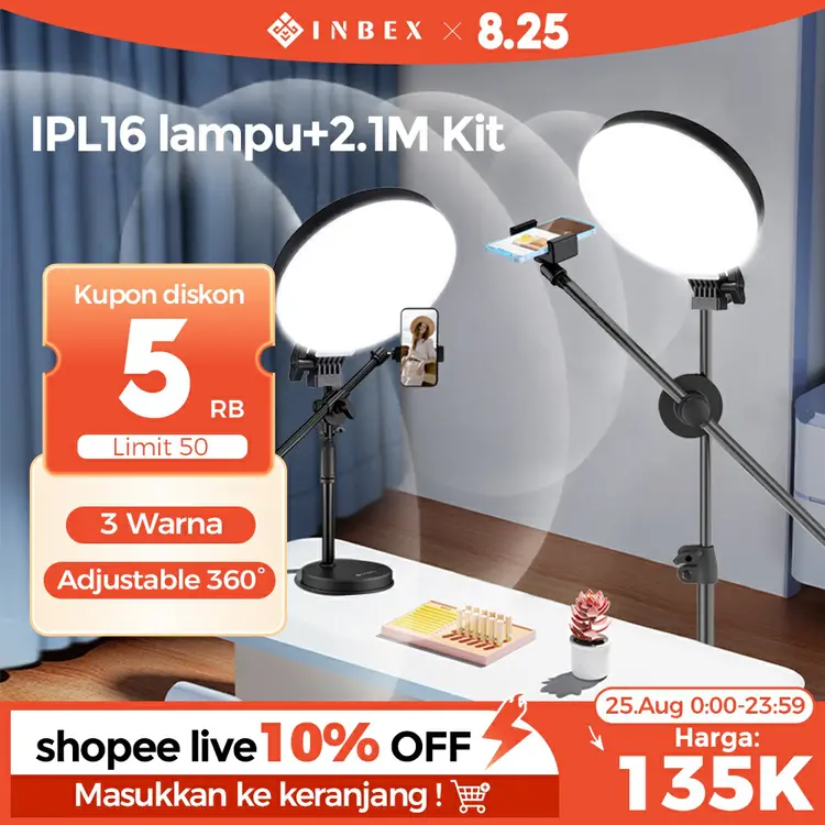 【✨Pilihan Utama Kreator】INBEX IPL16 Lampu Ring light konten kreator Food Shooting Video/Livestreaming Portabel 26CM Lighting Studio Tinggi Warna