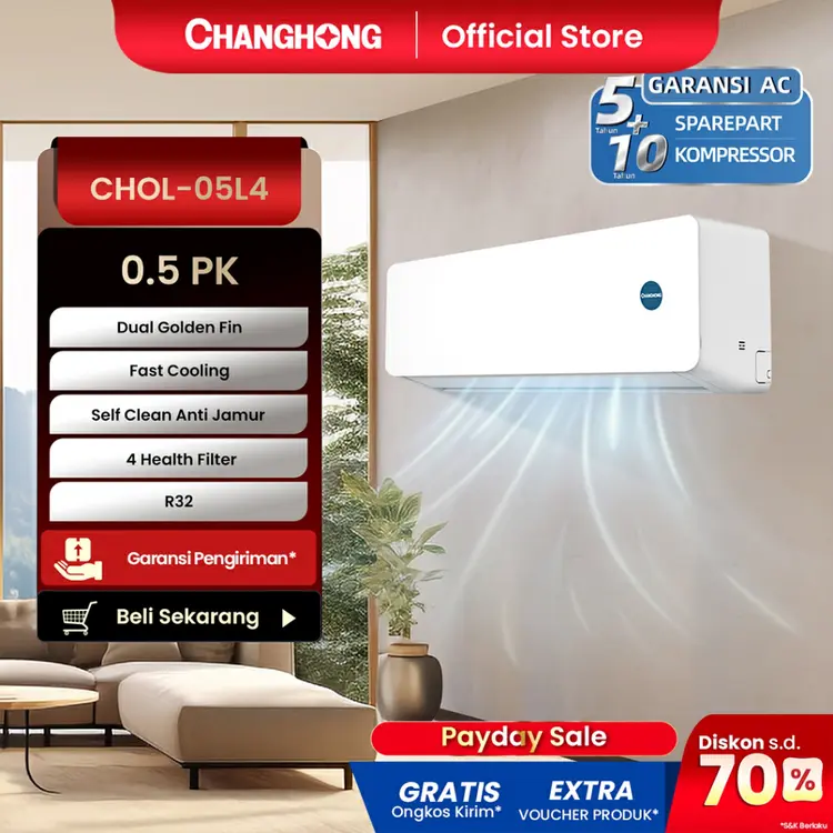 CHANGHONG AC 1/2 PK STANDARD CHOL-05L4 [INDOOR + OUTDOOR UNIT ONLY] [FAST COOLING] [SLEEP MODE] [ECO MODE]