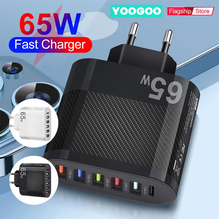 YOOGOO 65W Charger Fast Charging 3.5A 5USB+1Type-c EU Plug Wall Charger