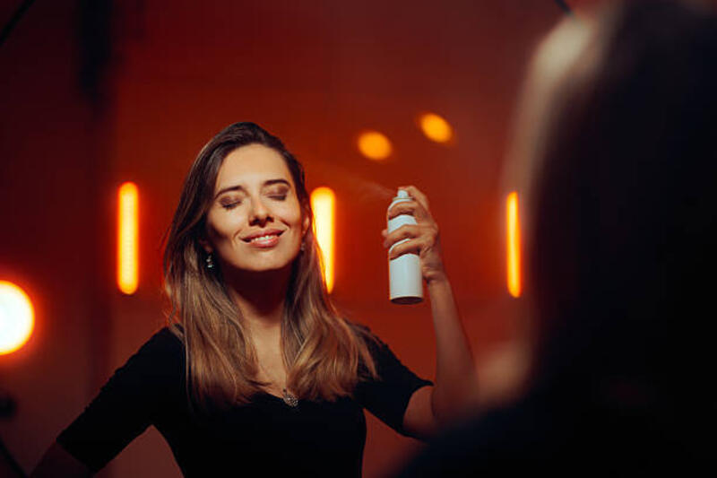 wanita menyemprotkan hairspray dan tersenyum bahagia di cermin - dry shampoo potret stok, foto, & gambar bebas royalti