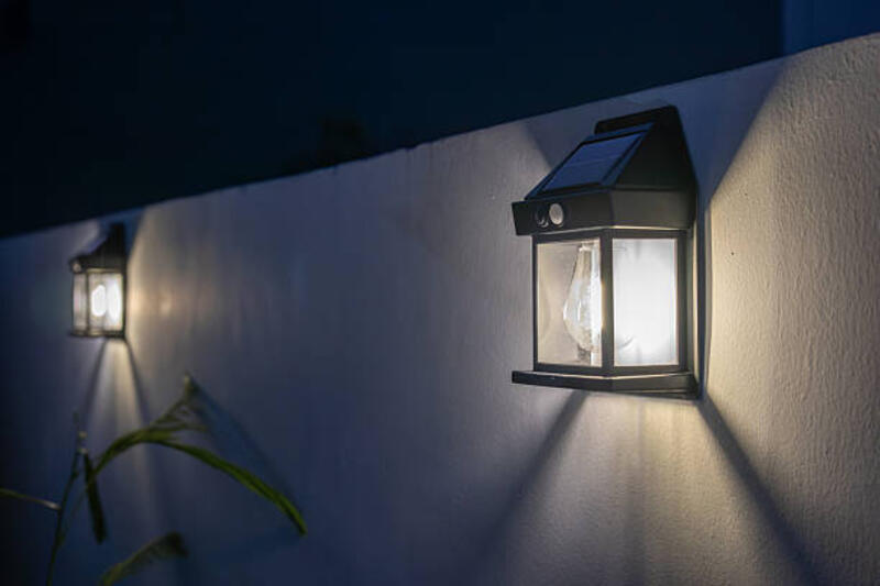 decorative solar powered energy light installed on the wall - motion  sensor lamp potret stok, foto, & gambar bebas royalti