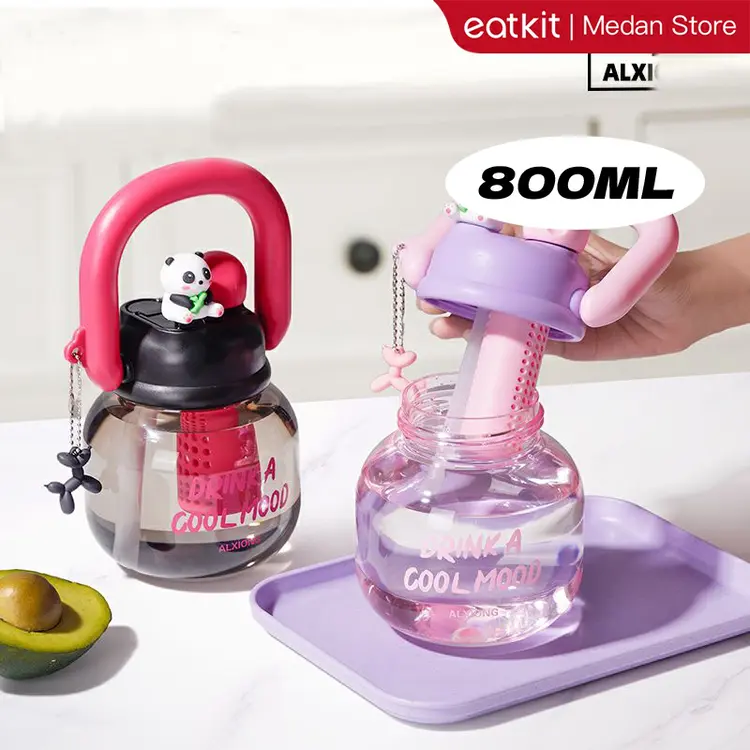 [Medan Ready Stock] Eatkit Botol Minum Transparan Karakter Lucu 800ml Snager Tumbler Infused Handle Linlin Tritan