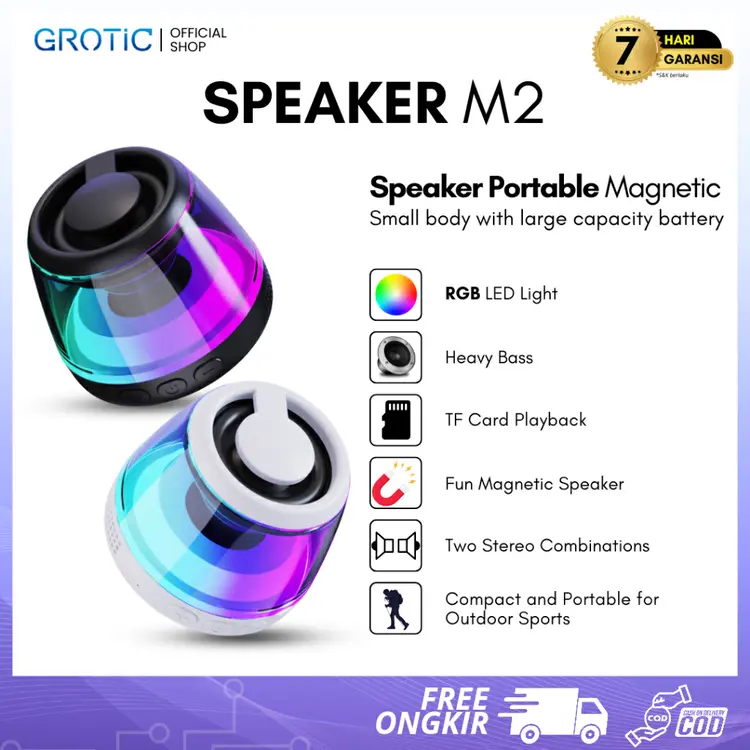 GROTIC Speaker Mini Portable Wireless Bass Stereo Magnetic RGB Light
