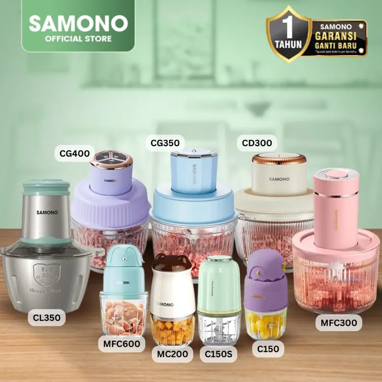 SAMONO Best Seller Chopper Low Watt Garansi Wadah Kaca Penghalus Daging Bumbu Buah MPASI Meat Grinder Food Processor Blender Mini Choper Coper Pisau Stainless Motor Tembaga Kuat Low Noise Food Grade