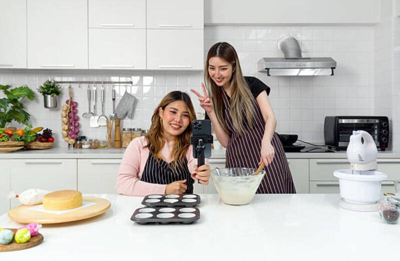 dua wanita menikmati aktivitas memasak atau memanggang yang menyenangkan di dapur modern. merekam video atau foto dengan smartphone di tongkat selfie. - shooting content using smartphone potret stok, foto, &amp; gambar bebas royalti
