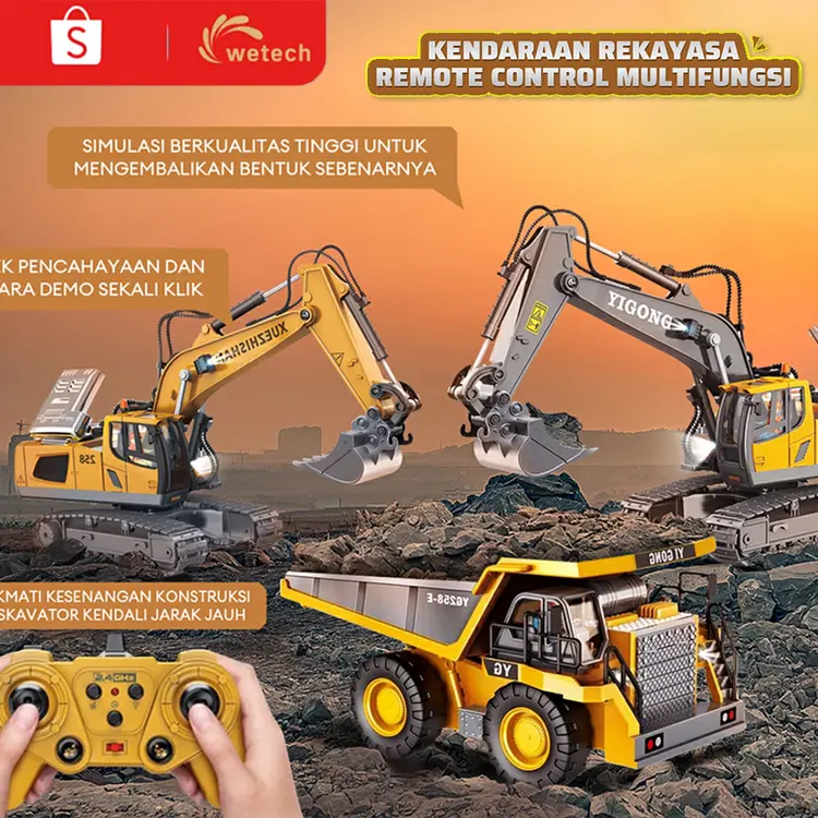 WETECH 2.4Ghz Excavator Remote Control Set 15 Channel Besar Mainan Excavator 4WD Mobil Remote Control Beko Excavator Penggali Truk RC Crawler Kendaraan Teknik Simulasi 1:14 Mainan Mobil Truck