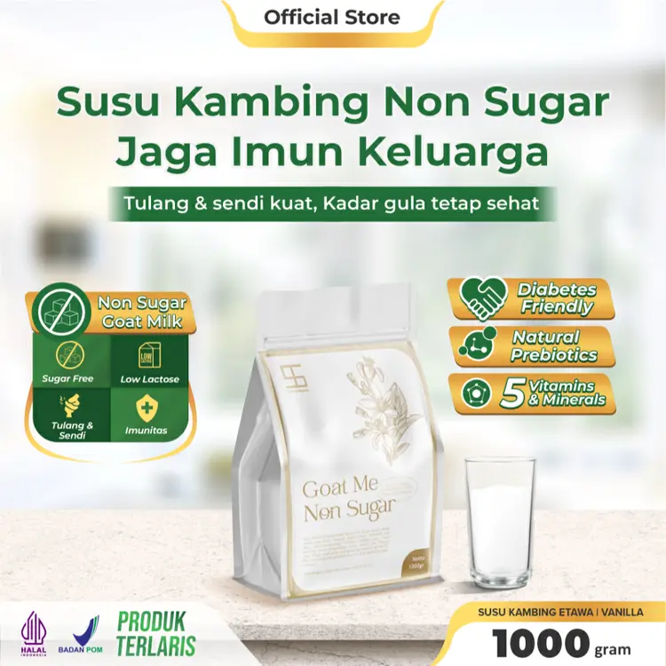 Ternak Syams Goatme Non Sugar Rasa Vanilla 1KG Premium susu kambing tanpa gula aman diabetes kolestrol hipertensi mengatasi gula darah asam urat nyeri sendi syaraf kejepit keram kebas kesemutan pengapuran tulang gigi lansia osteoporosis rendah laktosa
