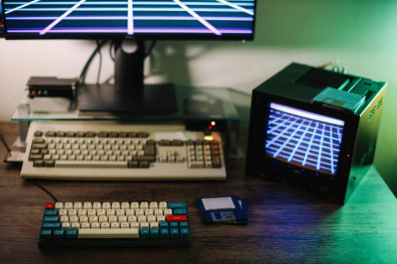old tech in use to create synthwave music Creating 80s synth wave music and visuals using an old computer, a mechanical keyboard and a professional CRT monitor. mechanical keyboard stock pictures, royalty-free photos &amp; images