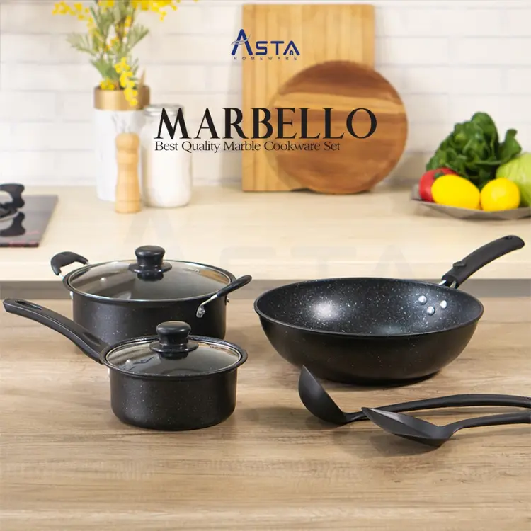 ASTA Panci Set Marbello Lengkap 7 Pcs Anti Lengket | Kitchen Set Wajan Anti Lengket Cookware