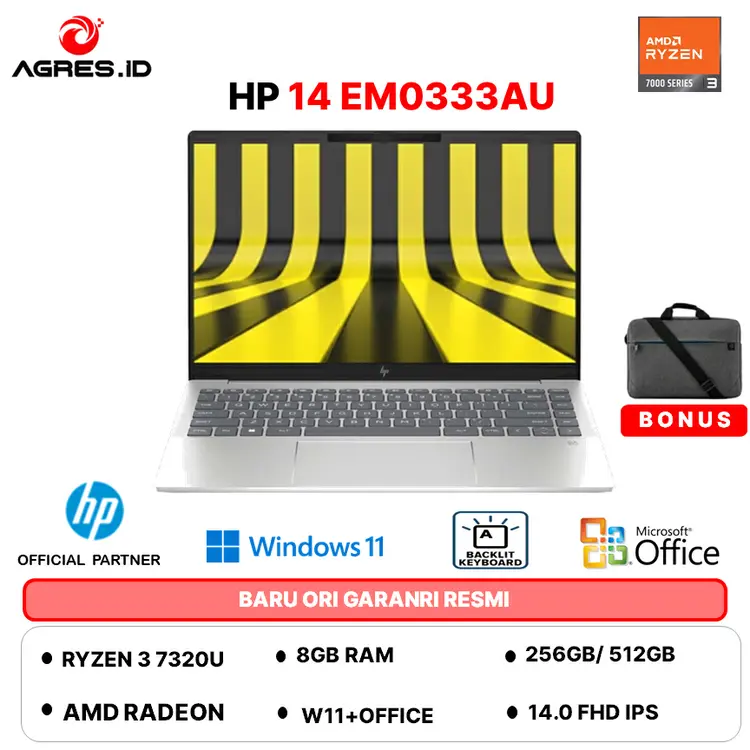 HP 14 AMD RYZEN 3 7320 - RAM 8GB 512GB W11+OHS 14.0FHD IPS BLIT - EM0333AU
