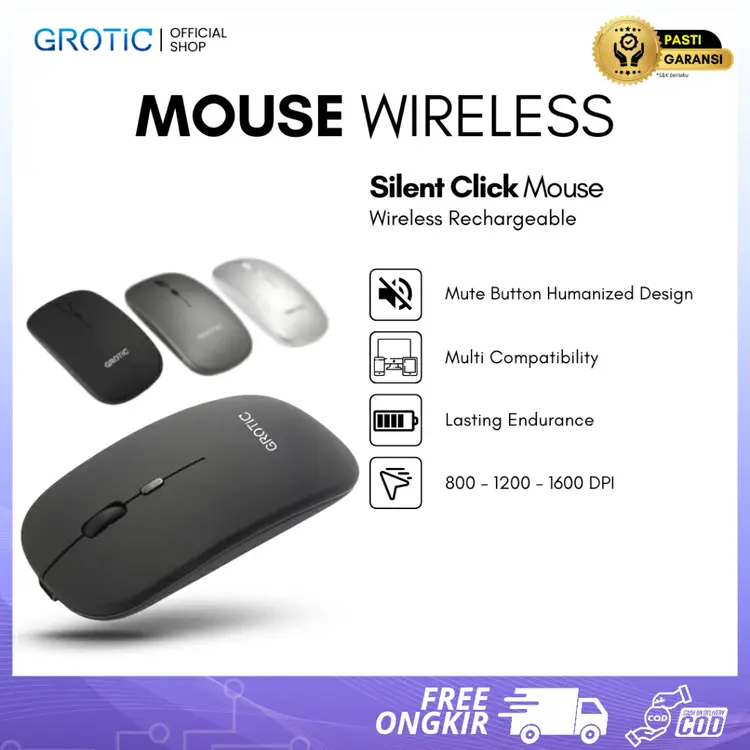 GROTIC Mouse Wireless X1 Silent Rechargeable 2.4Ghz 1600DPI dengan Receiver USB untuk  PC Laptop