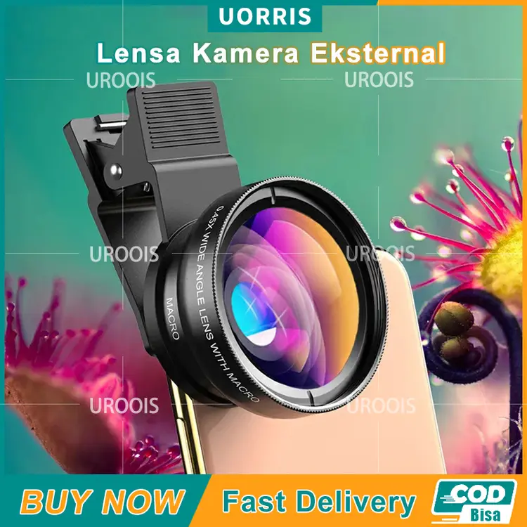 Lensa Kamera Eksternal 2 In 1 Hd Macro 37mm 49uv 0.45x Lensa Super Wide Angle Lens + Macro Smartphone  12.5x Dengan Klip Untuk Handphone