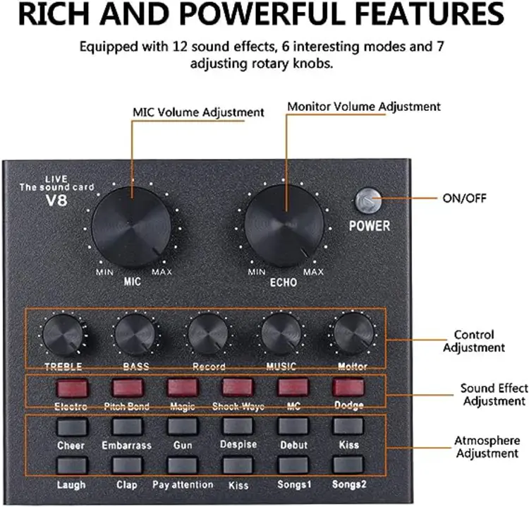 V8 External Sound Card USB Mixer Audio Live Broadcast