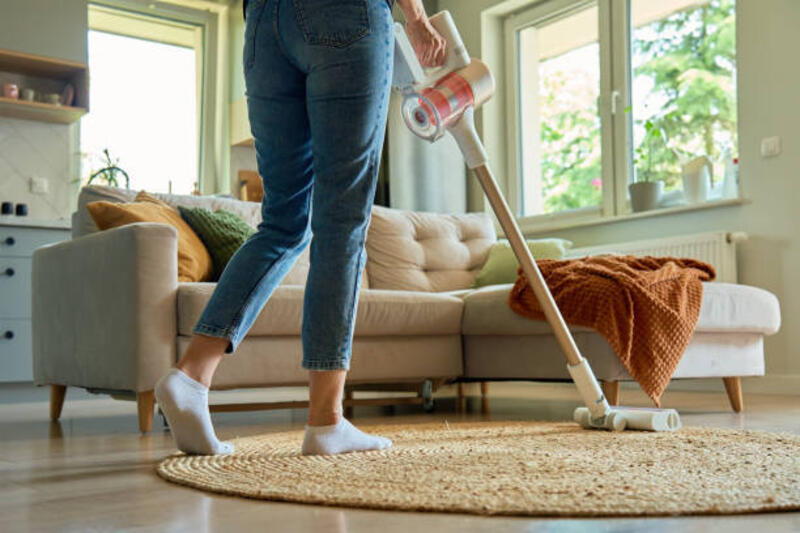 woman is vacuuming floor of modern apartment living room with vacuum cleaner - portable vacuum potret stok, foto, &amp; gambar bebas royalti