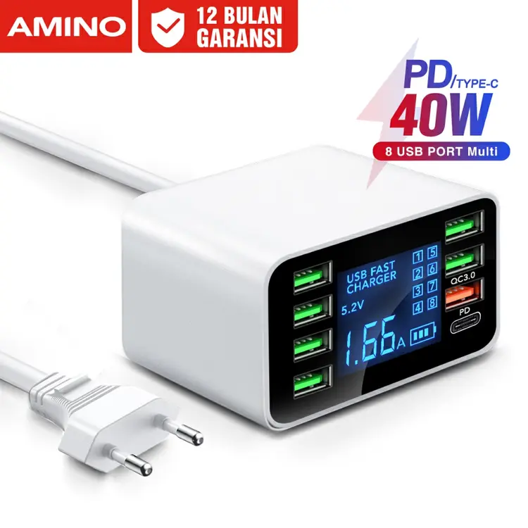 AMINO 8 USB Port Multi Port Charger QC 3.0/PD Fast Charger LED Function 40W