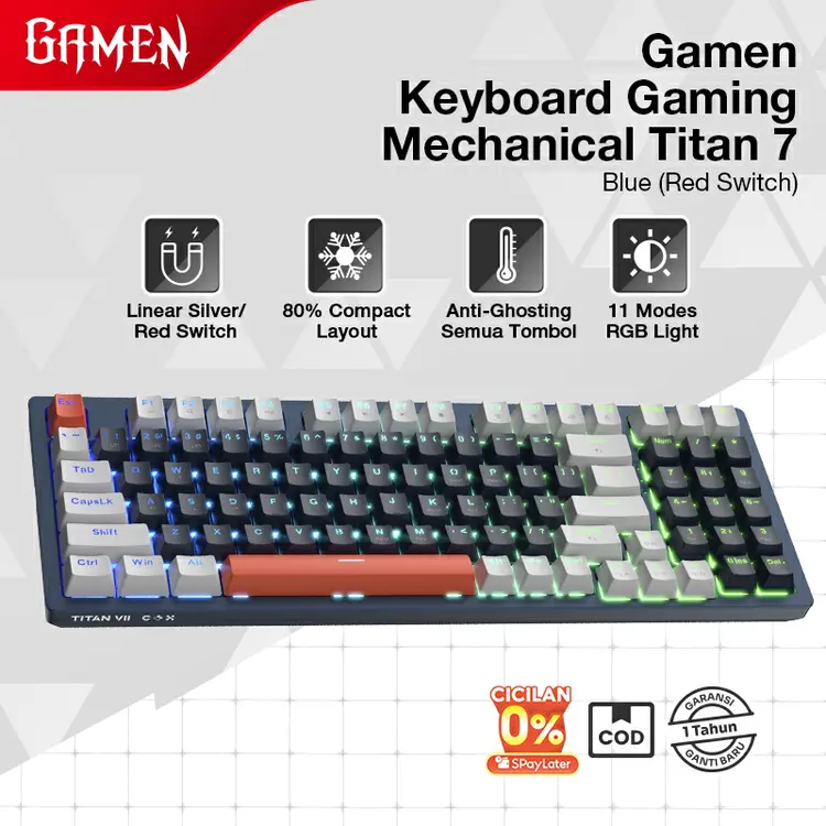 GAMEN Keyboard Gaming Mechanical Linear Switch 94 Keys RGB Light Titan 7 Original - Garansi 1 Tahun