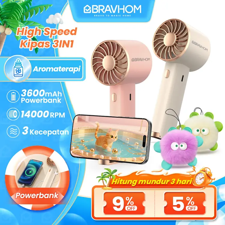 BRAVHOM Kipas Mini Turbo 3IN1 Powerbank 3600mAh Aromaterapi Kipas Angin Portable 3 Speeds BL-FN16