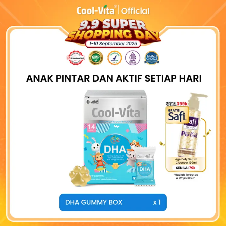 Coolvita 1 Box DHA Gummy - Suplemen Vitamin Anak dengan Minyak Alga DHA 50mg Omega 3 Alternatif Minyak Ikan untuk Kesehatan Mata dan Perkembangan Otak - Original dan BPOM