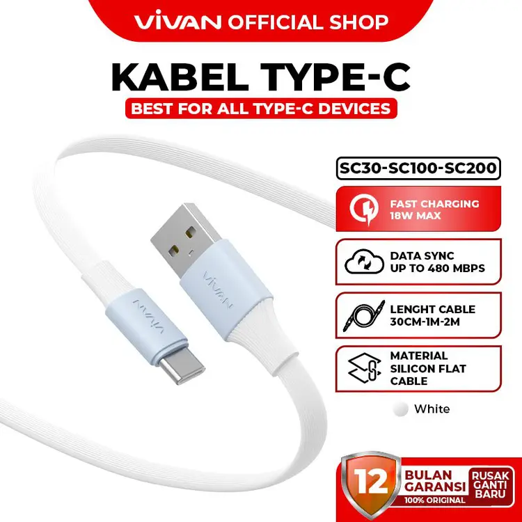 VIVAN Kabel Data Type C Fast Charging SC II 30CM 100CM 200CM 18W Quick Charge Flat Design White