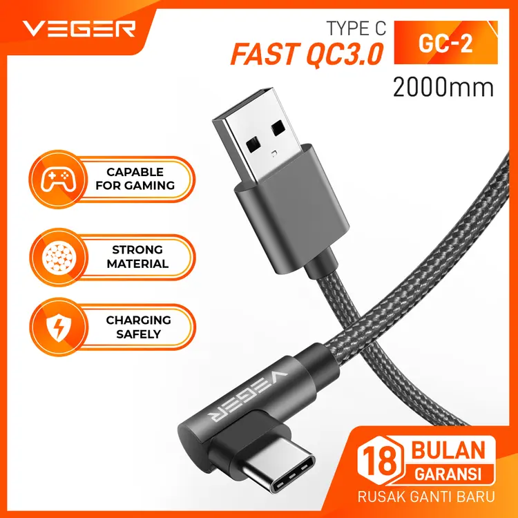 VEGER GC-2 Kabel Data Cable USB Type C Type-C 3.0 Quick Charge QC Fast charging