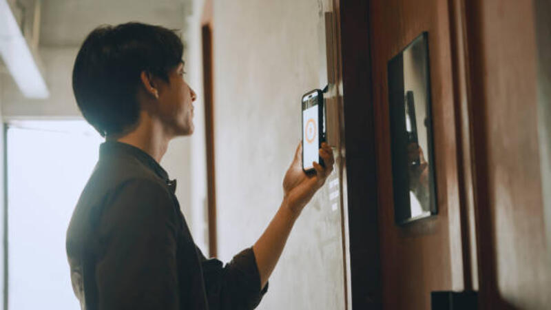 Hostel staff using smart phone unlock a hostel door room Hostel staff using smart phone unlock a hostel door room smart door lock stock pictures, royalty-free photos & images