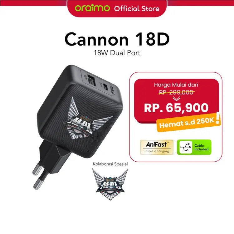 oraimo Charger X MPL Mobile Legends Cannon 18D OCW-5183E Dual Output 2A 18W Kompak Ukuran Mini Pengisian Cepat 3 Port Type-C Micro USB Dengan Kabel 1M Batok Adaptor Charger USB Fast Charging Compact Size Quick With Data Cable