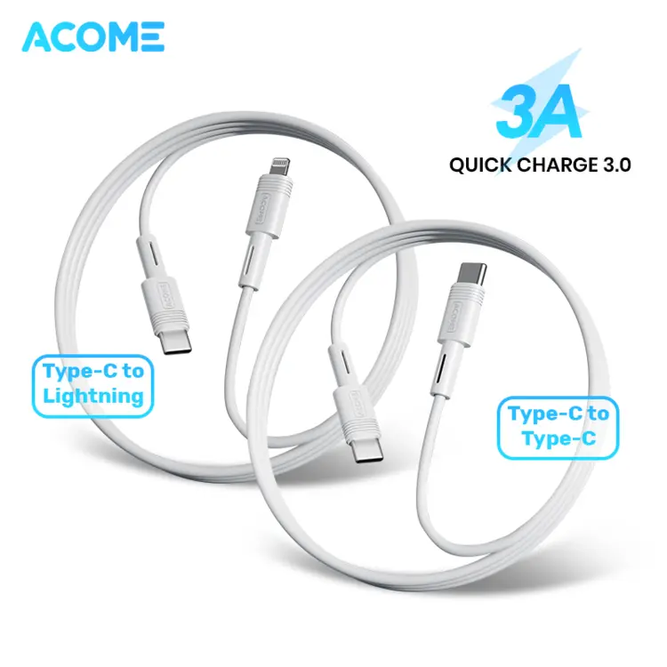 ACOME Kabel Data Type-C to USB-C / Type-C to Lightning / Data Cable PD 60W 3A Super Fast Charging iPhone / Macbook / Android (AD-C Series) Original - Garansi 1 Tahun