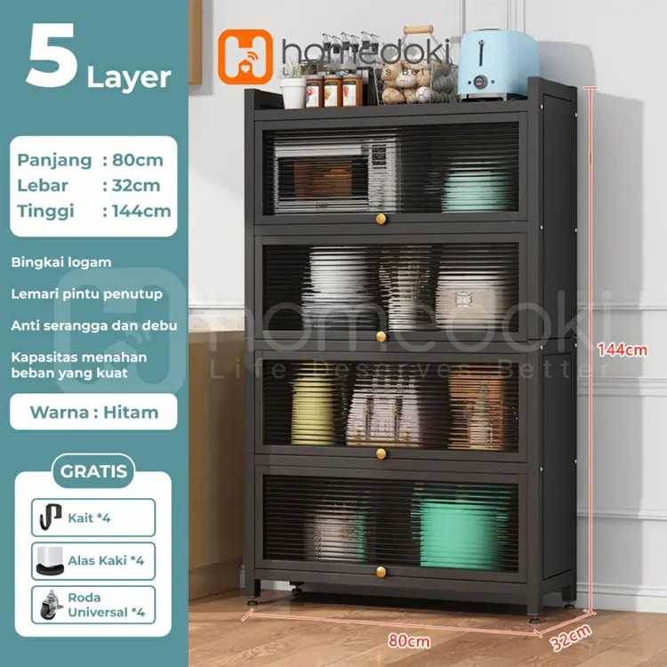 Homedoki Lemari Piring Tertutup/Rak Piring Minimalis/Lemari Dapur Minimalis/Rak Dapur Serbaguna/Rak Piring tertutup/Rak Dapur Multi-layer Dengan Roda Pintu