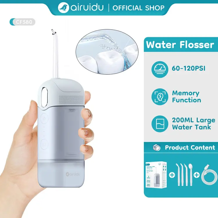 Airuidu CF580 Water Floss Gigi 200ML Telescopic Water Tank Water Flosser Oral Lrrigator Pembersih Gigi 3 Modes USB Rechargeable Waterfloss