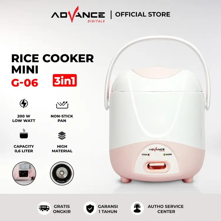 Mini Rice Cooker Travel Advance G-06 dengan kapasitas 0.6 Liter Anti Lengket 200 Watt