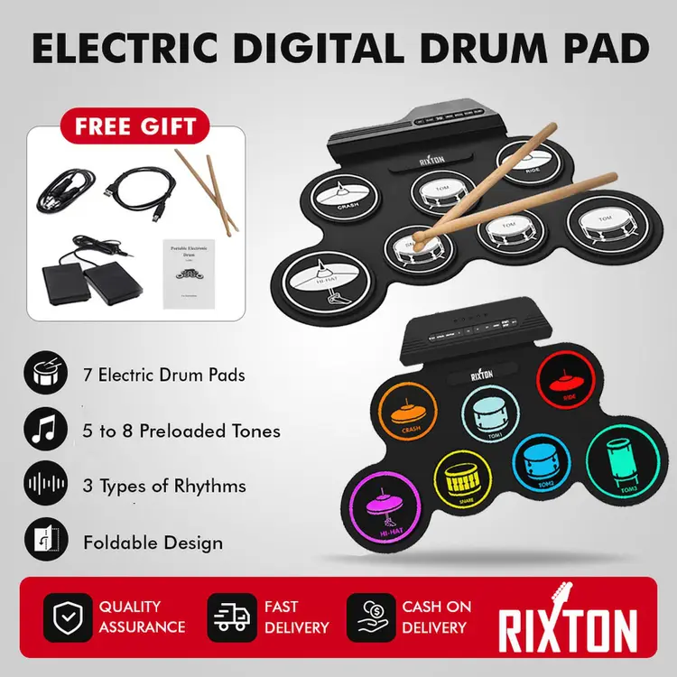 Rixton Drum Elektronik Portabel Digital USB 7 Bantalan Roll up Drum Set Silicone Electric Drum Pad Kit