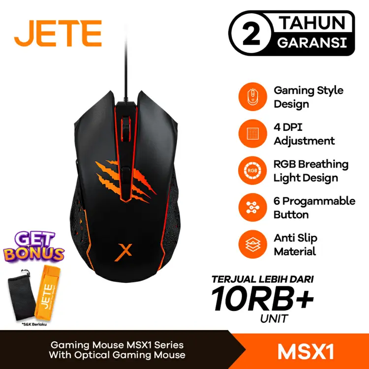 JETE MSX1 Mouse Gaming Kabel RGB 6 Buttons DPI 1200-3600 Garansi 2 Tahun