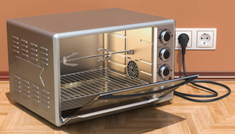 membuka convection toaster oven dengan rotisserie dan grill di interior, rendering 3d - oven listrik potret stok, foto, &amp; gambar bebas royalti