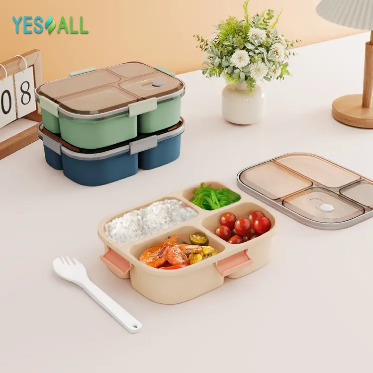 YESALL Lunch Box 1200ml Kotak Makan Bento 4 Sekat Estetik Korea Sehat Tempat Bekal Makanan Anti Bocor – Teal Blue / Green / Moca / Ocean Blue / Latte Beige / Sakura Pink