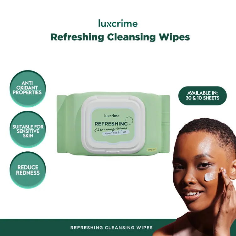 Luxcrime Refreshing Cleansing Wipes - dengan Green Tea Extract - Tisu Tebal Pembersih Wajah Untuk Menghapus Makeup Waterproof