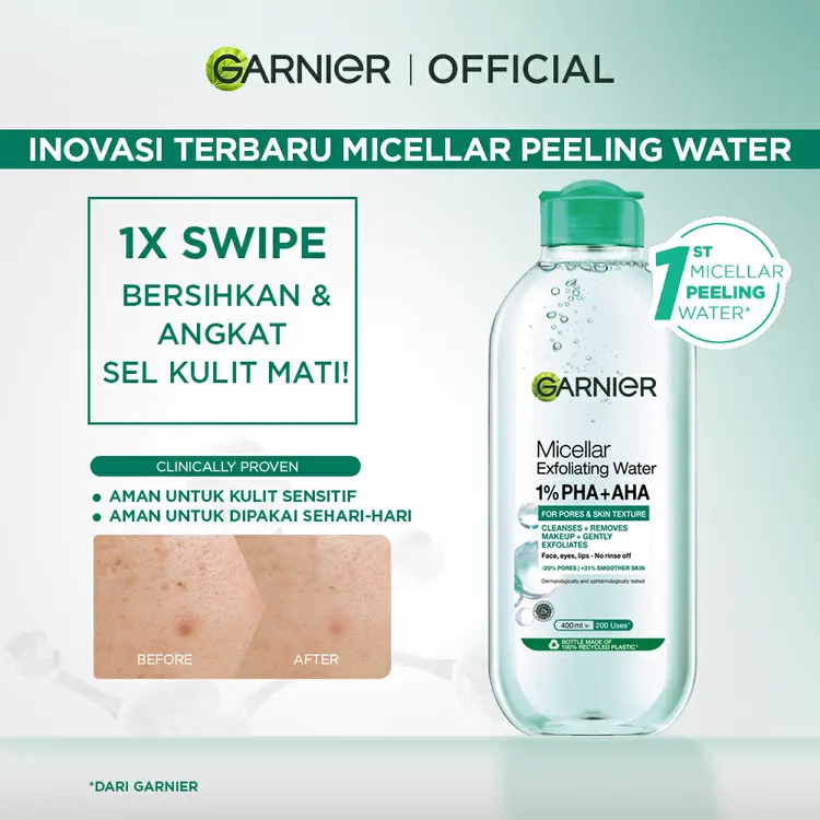 BARU Garnier Micellar Water Peeling Exfoliating 1% AHA + PHA - 400ml Skincare Pembersih Wajah & Make up untuk mengangkat sel kulit mati