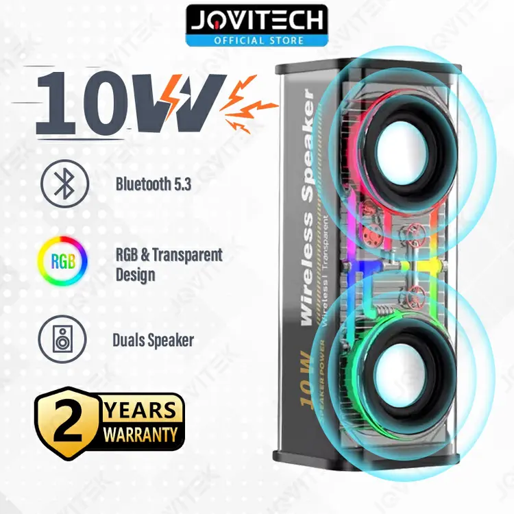 Jovitech A88 Cyberpunk Bluetooth Speaker 10W Double Subwoofer Music Speaker RGB LED Light Transparent Mech Speaker - S38