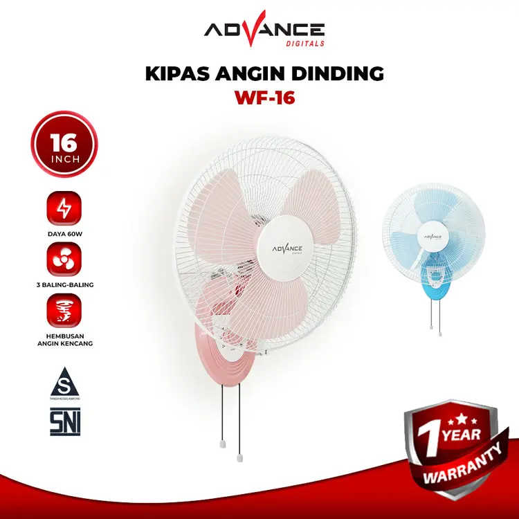 Advance WF16 Kipas Angin Dinding 16 inch Hembusan Angin Kencang Dengan Daya 60 Watt Garansi Resmi 1 Tahun